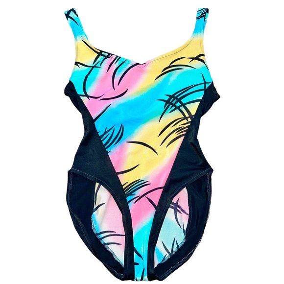 L 11/12 VTG 80’s Avon Fashion Pastel Black High Cut Aerobics One Piece Swimsuit - Picture 1 of 12